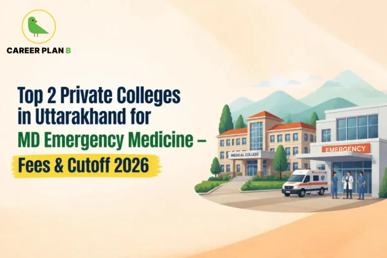 Educational infographic by Career Plan B titled "Top 2 Private Colleges in Uttarakhand for MD Emergency Medicine – Fees & Cutoff 2026". Top-left features the Career Plan B logo with a green bird inside a solid gold circular emblem with text below. Right side illustrates medical staff standing outside an emergency department labeled "EMERGENCY" alongside an ambulance parked in front of a medical college building against a mountain background.