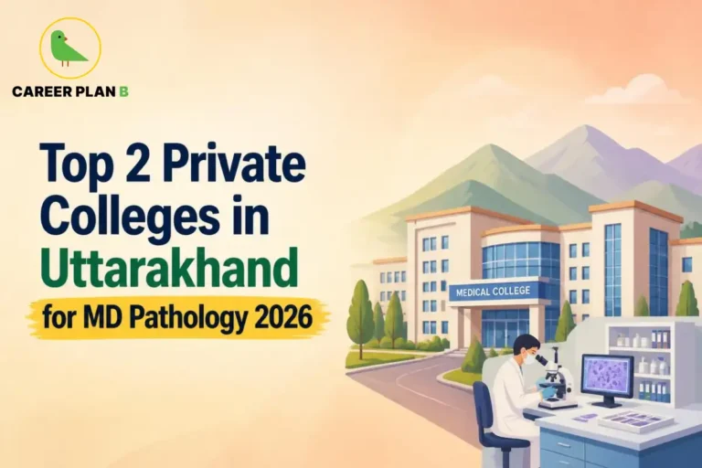 Educational infographic by Career Plan B titled "Top 2 Private Colleges in Uttarakhand for MD Pathology 2026". Top-left features the Career Plan B logo with a green bird inside a solid gold circular emblem with text below. Right side illustrates a pathologist working at a laboratory desk with a microscope and a monitor showing cellular slides, with a medical college building and mountains in the background.