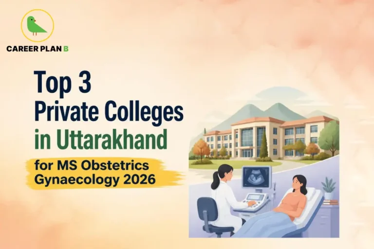 Educational infographic by Career Plan B titled "Top 3 Private Colleges in Uttarakhand for MS Obstetrics Gynaecology 2026". Top-left features the Career Plan B logo with a green bird inside a solid gold circular emblem with text below. Right side illustrates a gynecologist performing an ultrasound examination for a pregnant patient lying on an examination table, set against a medical college building and mountain background.