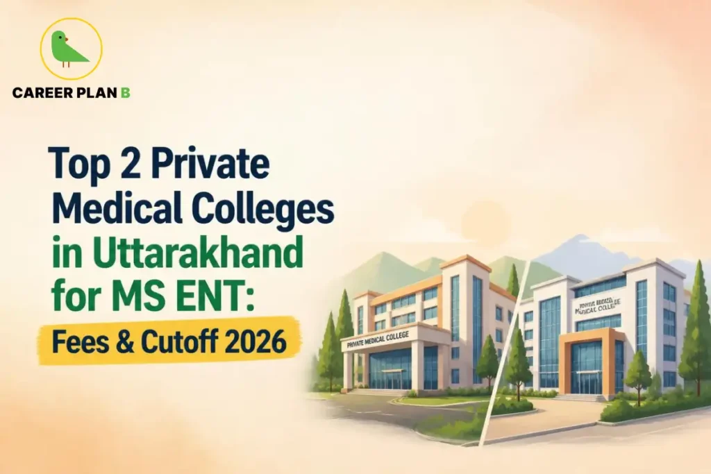 Educational infographic by Career Plan B titled "Top 2 Private Medical Colleges in Uttarakhand for MS ENT: Fees & Cutoff 2026". Top-left features the Career Plan B logo with a green bird inside a solid gold circular emblem with text below. Right side displays a split illustration showcasing two modern private medical college campus buildings labeled "PRIVATE MEDICAL COLLEGE" set against a mountain backdrop.