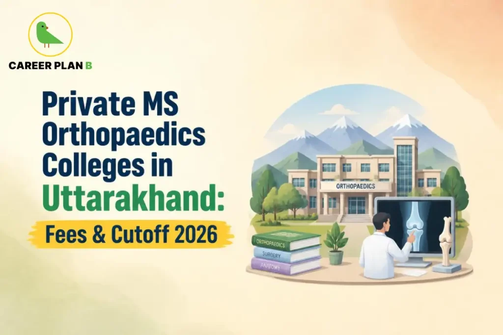 Educational infographic by Career Plan B titled "Private MS Orthopaedics Colleges in Uttarakhand: Fees & Cutoff 2026". Top-left features the Career Plan B logo with a green bird inside a solid gold circular emblem with text below. Right side illustrates an orthopedic doctor examining a knee X-ray on a computer display alongside a skeletal joint model and stacked medical textbooks, with a hospital building labeled "ORTHOPAEDICS" against a snow-capped mountain backdrop.