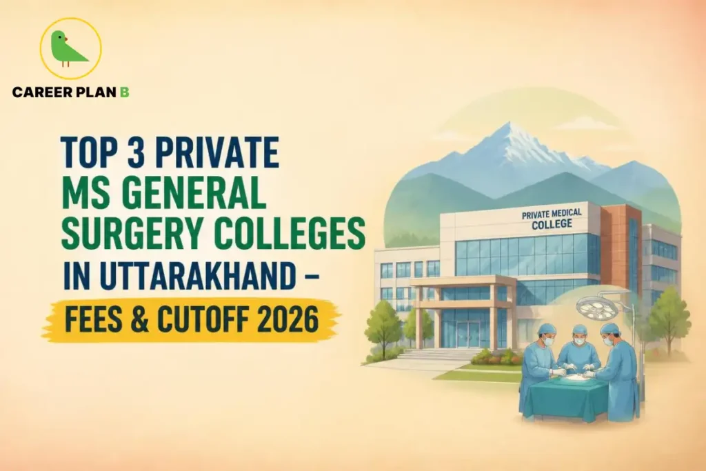 Educational infographic by Career Plan B titled "TOP 3 PRIVATE MS GENERAL SURGERY COLLEGES IN UTTARAKHAND – FEES & CUTOFF 2026". Top-left features the Career Plan B logo with a green bird inside a solid gold circular emblem with text below. Right side illustrates a surgical team in scrubs performing an operation under a surgical lamp in front of a campus building labeled "PRIVATE MEDICAL COLLEGE" against a mountain backdrop.