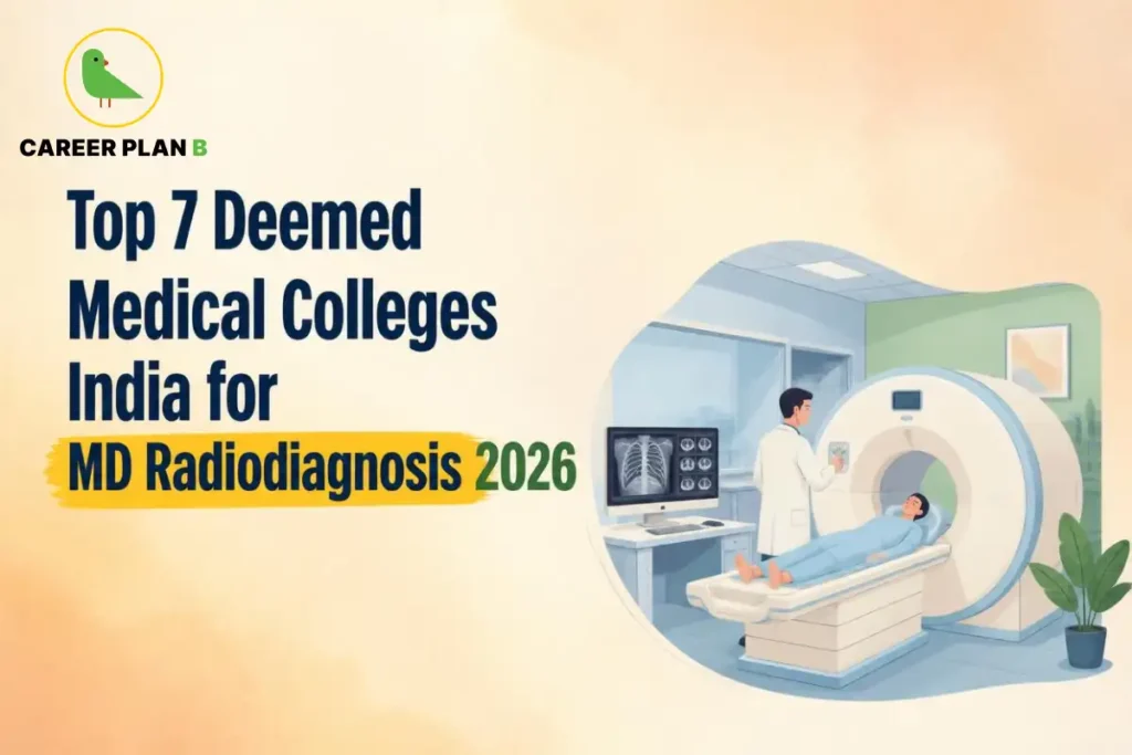 Educational infographic by Career Plan B titled "Top 7 Deemed Medical Colleges India for MD Radiodiagnosis 2026". Top-left features the Career Plan B logo with a green bird inside a solid gold circular emblem with text below. Right side illustrates a radiologist operating a CT or MRI scanner with a patient lying on the motorized bed alongside a monitor displaying chest radiograph scans.