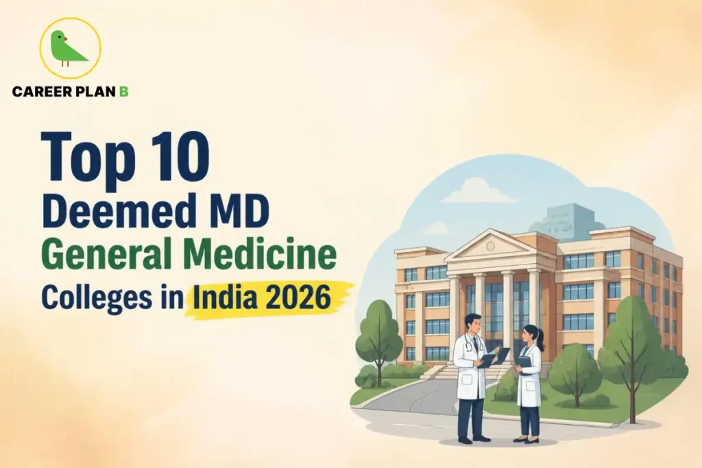 Educational infographic by Career Plan B titled "Top 10 Deemed MD General Medicine Colleges in India 2026". Top-left features the Career Plan B logo with a green bird inside a solid gold circular emblem with text below. Right side illustrates two doctors in white lab coats holding clipboards, conversing in front of a grand medical college building with pillars and surrounding greenery.