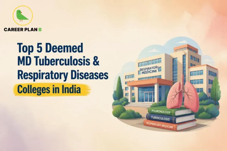 Educational infographic by Career Plan B titled "Top 5 Deemed MD Tuberculosis & Respiratory Diseases Colleges in India". Top-left features the Career Plan B logo with a green bird inside a solid gold circular emblem with text below. Right side illustrates a 3D model of human lungs atop stacked textbooks labeled "PULMONOLOGY", "TUBERCULOSIS", and "RESPIRATORY MEDICINE", set in front of a modern hospital building labeled "RESPIRATORY MEDICINE".