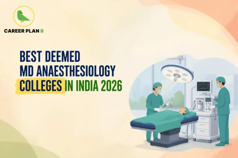 Educational infographic by Career Plan B titled "BEST DEEMED MD ANAESTHESIOLOGY COLLEGES IN INDIA 2026". Top-left features the Career Plan B logo with a green bird inside a solid gold circular emblem with text below. Right side illustrates an anesthesiologist and medical surgical team preparing a patient on an operating table using an anesthesia workstation machine and surgical overhead light in an operating theater.