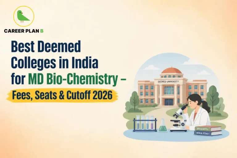 Educational infographic by Career Plan B titled "Best Deemed Colleges in India for MD Bio-Chemistry – Fees, Seats & Cutoff 2026". Top-left features the Career Plan B logo with a green bird inside a solid gold circular emblem with text below. Right side illustrates a female researcher looking through a laboratory microscope next to test tubes, glass flasks, and stacked textbooks labeled "BIOCHEMISTRY" and "MEDICAL SCIENCE", set in front of a campus building labeled "DEEMED UNIVERSITY".