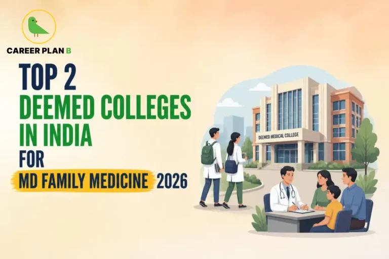Educational infographic by Career Plan B titled "TOP 2 DEEMED COLLEGES IN INDIA FOR MD FAMILY MEDICINE 2026". Top-left features the Career Plan B logo with a green bird inside a solid gold circular emblem with text below. Right side illustrates a family doctor consulting with a family seated at his desk, with medical students carrying backpacks walking in the background near a campus building labeled "DEEMED MEDICAL COLLEGE".