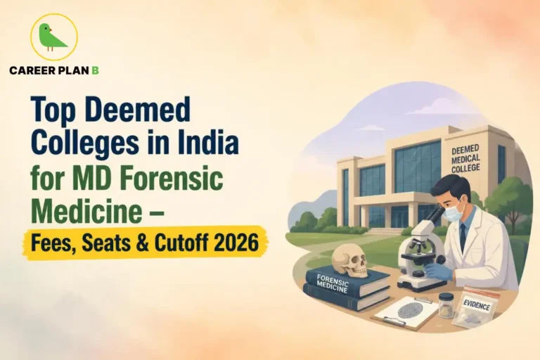 Deemed colleges in India for MD Forensic Medicine, featuring a forensic doctor examining evidence under a microscope alongside forensic textbooks and a fingerprint sample.