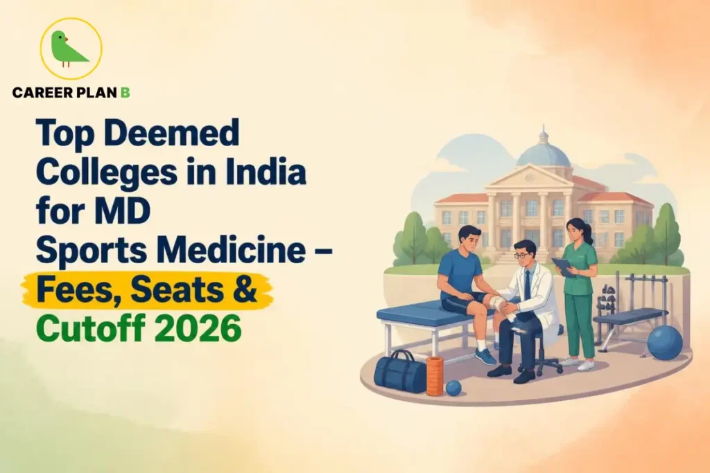 Deemed colleges in India for MD Sports Medicine, illustrated with a doctor examining an athlete beside a medical college and sports rehabilitation equipment.
