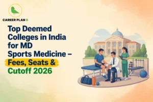 Deemed colleges in India for MD Sports Medicine, illustrated with a doctor examining an athlete beside a medical college and sports rehabilitation equipment.
