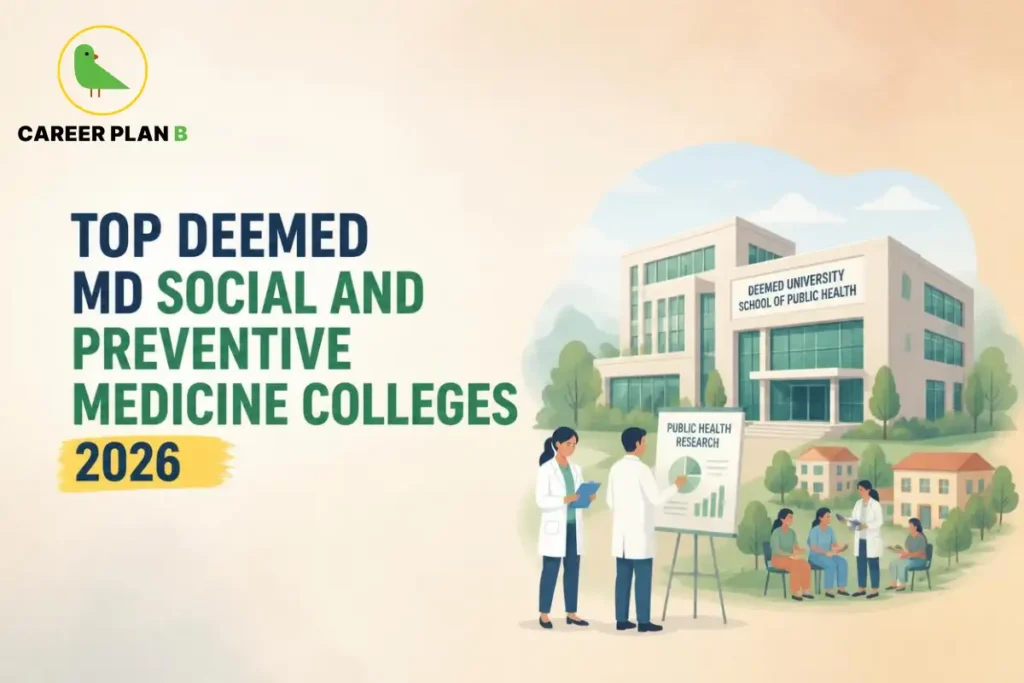 Deemed MD Social and Preventive Medicine colleges in 2026, illustrated with a medical university, public health researchers, and a community health consultation.