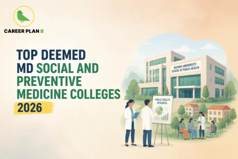 Deemed MD Social and Preventive Medicine colleges in 2026, illustrated with a medical university, public health researchers, and a community health consultation.