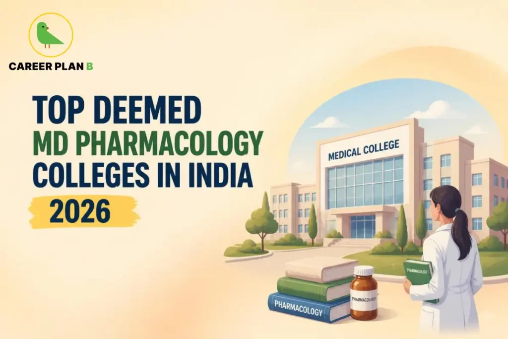 Deemed MD Pharmacology colleges in India, featuring a medical college building, pharmacology textbooks, a medicine bottle, and a doctor.