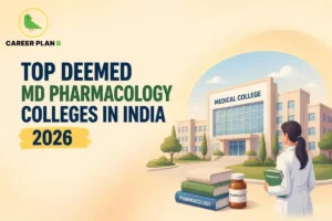 Deemed MD Pharmacology colleges in India, featuring a medical college building, pharmacology textbooks, a medicine bottle, and a doctor.