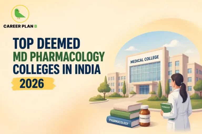 Deemed MD Pharmacology colleges in India, featuring a medical college building, pharmacology textbooks, a medicine bottle, and a doctor.