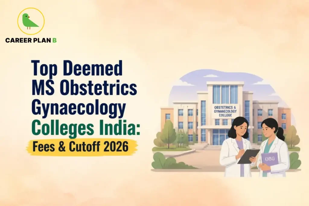 Educational infographic by Career Plan B titled "Top Deemed MS Obstetrics Gynaecology Colleges India: Fees & Cutoff 2026". Top-left features the Career Plan B logo with a green bird inside a solid gold circular emblem with text below. Right side illustrates two female doctors in white coats—one holding a clipboard and the other holding a medical folder labeled "OBG"—standing in front of a grand campus building labeled "OBSTETRICS & GYNAECOLOGY COLLEGE".