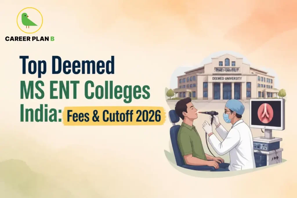 Educational infographic by Career Plan B titled "Top Deemed MS ENT Colleges India: Fees & Cutoff 2026". Top-left features the Career Plan B logo with a green bird inside a solid gold circular emblem with text below. Right side illustrates an ENT specialist performing an endoscopic examination on a patient, with a monitor displaying vocal cords/laryngeal view alongside a campus building labeled "DEEMED UNIVERSITY".