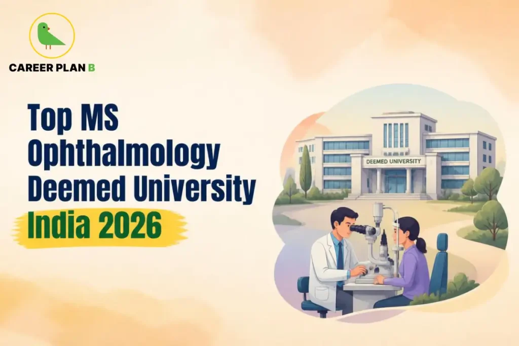 Educational infographic by Career Plan B titled "Top MS Ophthalmology Deemed University India 2026". Top-left features the Career Plan B logo with a green bird inside a solid gold circular emblem with text below. Right side illustrates an ophthalmologist examining a patient's eye using a slit lamp microscope, set in front of a campus building labeled "DEEMED UNIVERSITY".