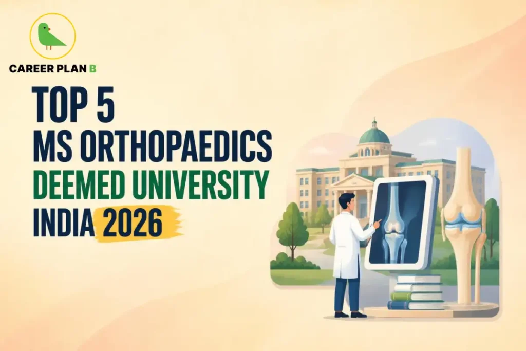 Educational infographic by Career Plan B titled "TOP 5 MS ORTHOPAEDICS DEEMED UNIVERSITY INDIA 2026". Top-left features the Career Plan B logo with a green bird inside a solid gold circular emblem with text below. Right side illustrates an orthopedic surgeon examining an X-ray display showing a knee joint scan next to a 3D knee joint anatomical model, set against a grand university building with a central dome.