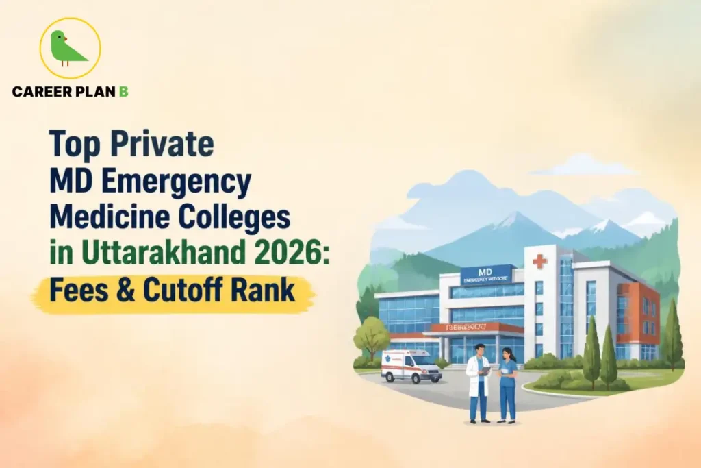 Educational infographic by Career Plan B titled "Top Private MD Emergency Medicine Colleges in Uttarakhand 2026: Fees & Cutoff Rank". Top-left features the Career Plan B logo with a green bird inside a solid gold circular emblem with text below. Right side illustrates two healthcare workers standing near an ambulance in front of a modern hospital building labeled "MD EMERGENCY MEDICINE", set against a scenic backdrop of green hills and snow-capped mountains.