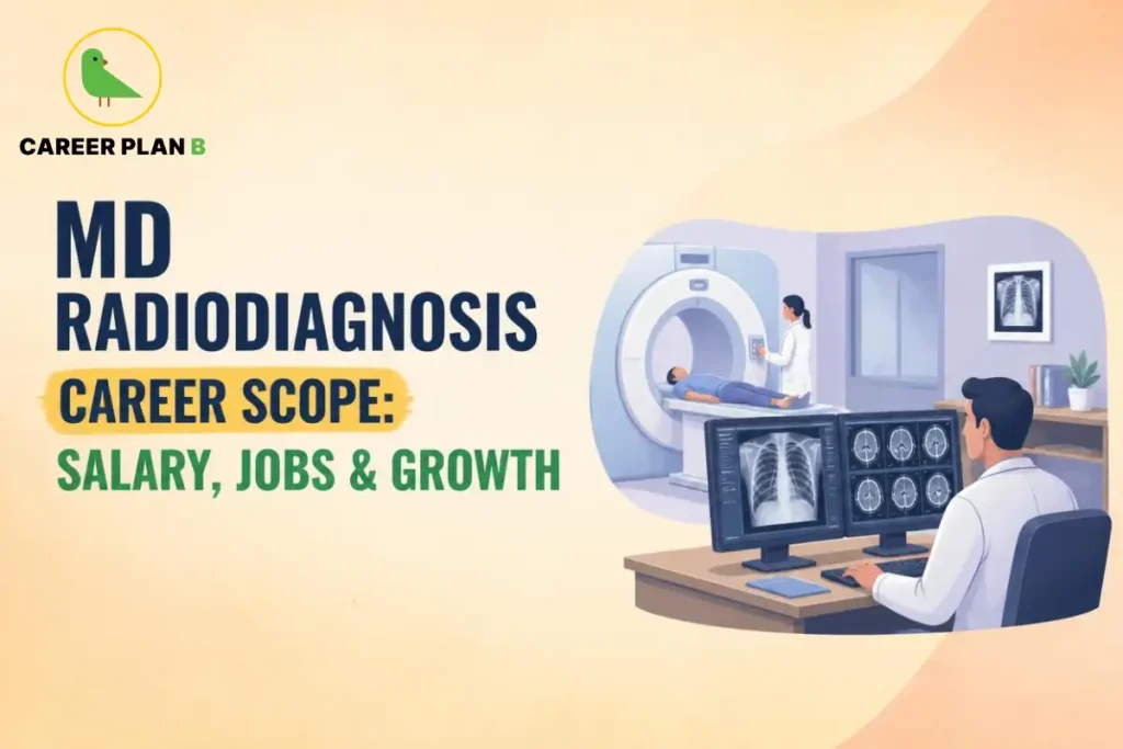 Educational infographic by Career Plan B titled "MD RADIODIAGNOSIS CAREER SCOPE: SALARY, JOBS & GROWTH". Top-left features the Career Plan B logo with a green bird inside a solid gold circular emblem with text below. Right side illustrates a male radiologist analyzing chest X-rays and brain scans on dual monitors at a workstation, while a technician attends to a patient undergoing a scan in an adjacent CT/MRI suite.
