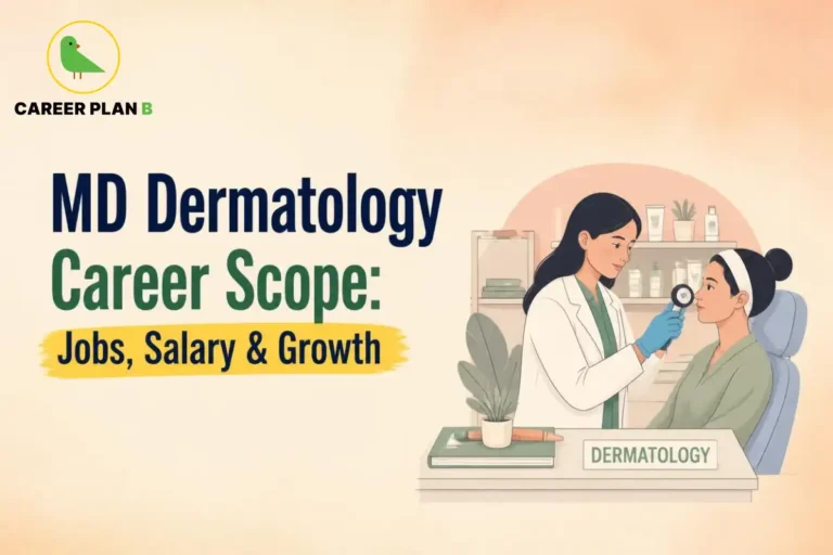 Educational infographic by Career Plan B titled "MD Dermatology Career Scope: Jobs, Salary & Growth". Top-left features the Career Plan B logo with a green bird inside a solid gold circular emblem with text below. Right side illustrates a female dermatologist in a white coat wearing blue medical gloves examining a female patient's face using a dermatoscope at a desk labeled "DERMATOLOGY".