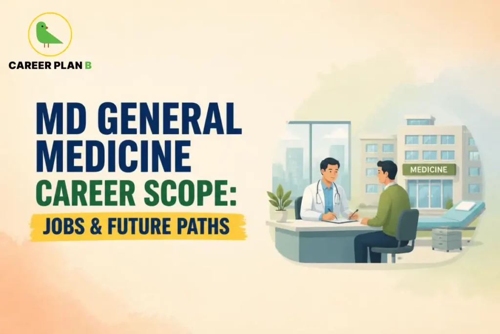 Educational infographic by Career Plan B titled "MD GENERAL MEDICINE CAREER SCOPE: JOBS & FUTURE PATHS". Top-left features the Career Plan B logo with a green bird inside a solid gold circular emblem with text below. Right side illustrates a male doctor in a white coat with a stethoscope writing on a notepad while consulting a male patient across a office desk, with a hospital building labeled "MEDICINE" visible through the window.
