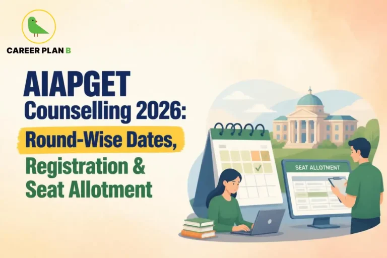 Educational infographic by Career Plan B titled "AIAPGET Counselling 2026: Round-Wise Dates, Registration & Seat Allotment". Top-left features the Career Plan B logo with a green bird inside a solid gold circular emblem with text below. Right side illustrates a woman working at a laptop next to a desk calendar marked with a checkmark, while a man holds a clipboard reviewing a computer screen labeled "SEAT ALLOTMENT", set in front of a classical domed university campus building.