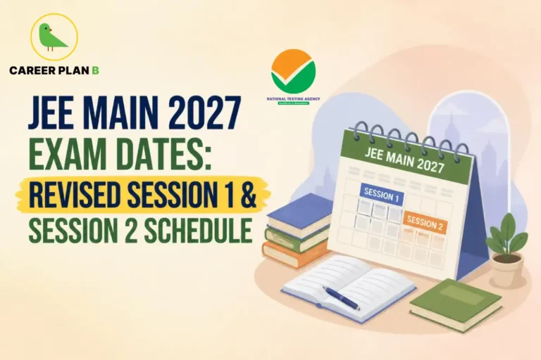 Educational infographic by Career Plan B titled "JEE MAIN 2027 EXAM DATES: REVISED SESSION 1 & SESSION 2 SCHEDULE". Top-left features the Career Plan B logo with a green bird inside a solid gold circular emblem with text below. Top-center features the National Testing Agency logo. Right side illustrates a study table setup with an open notebook and pen, stacked textbooks, a potted plant, and a desk calendar labeled "JEE MAIN 2027" highlighting "SESSION 1" and "SESSION 2".
