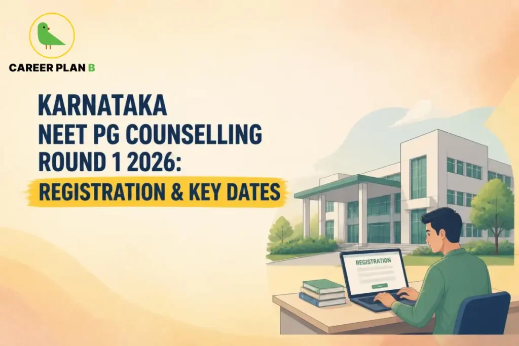 Banner text highlighting Karnataka NEET PG counselling round 1 2026 registration and key dates, featuring a student registering on a laptop with a medical college building in the background.