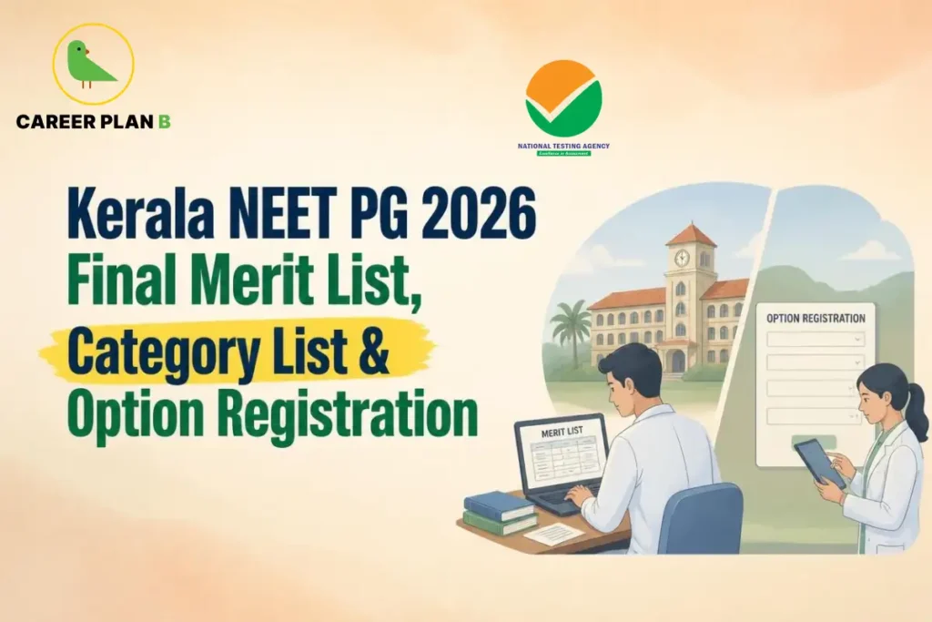 Educational infographic by Career Plan B titled "Kerala NEET PG 2026 Final Merit List, Category List & Option Registration". Top-left features the Career Plan B logo with a green bird inside a solid gold circular emblem with text below. Top-center features the National Testing Agency logo. Right side illustrates a student seated at a desk viewing a "MERIT LIST" table on a laptop, alongside a female medical professional holding a tablet in front of an "OPTION REGISTRATION" form, with a clocktower college building and palm trees in the background.