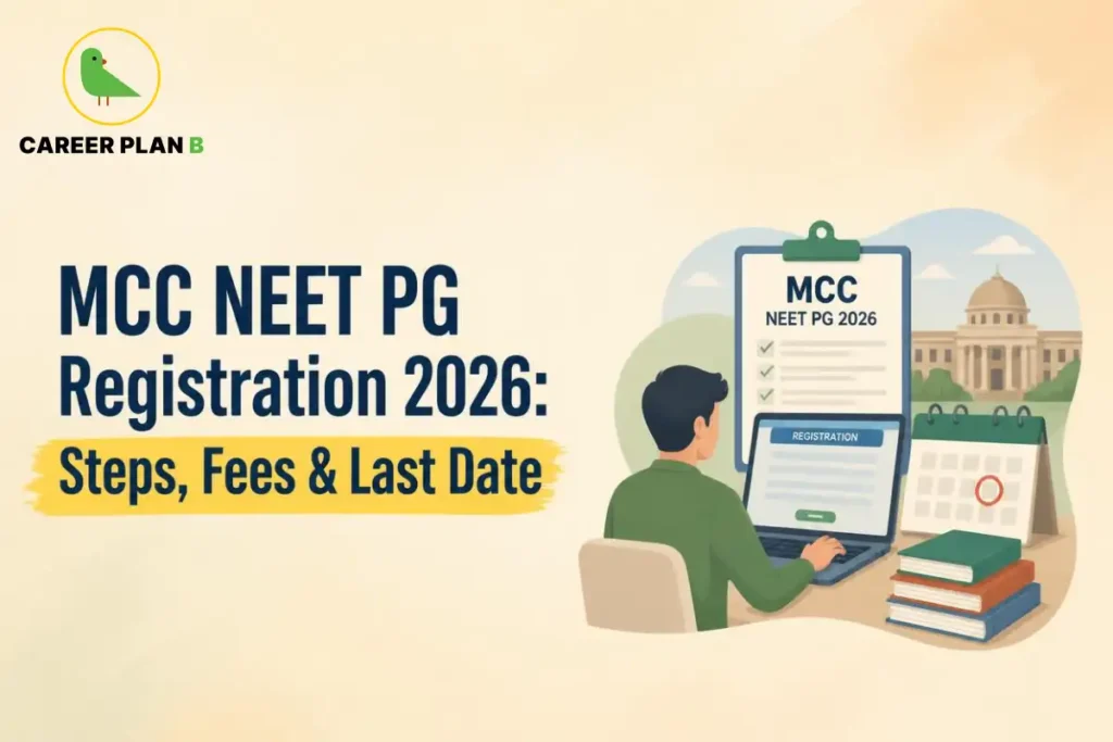 Educational infographic by Career Plan B titled "MCC NEET PG Registration 2026: Steps, Fees & Last Date". Top-left features the Career Plan B logo with a green bird inside a solid gold circular emblem with text below. Right side illustrates a student working on a laptop displaying a "REGISTRATION" screen next to an "MCC NEET PG 2026" clipboard checklist, a calendar with a circled date, a stack of books, and a government building in the background.