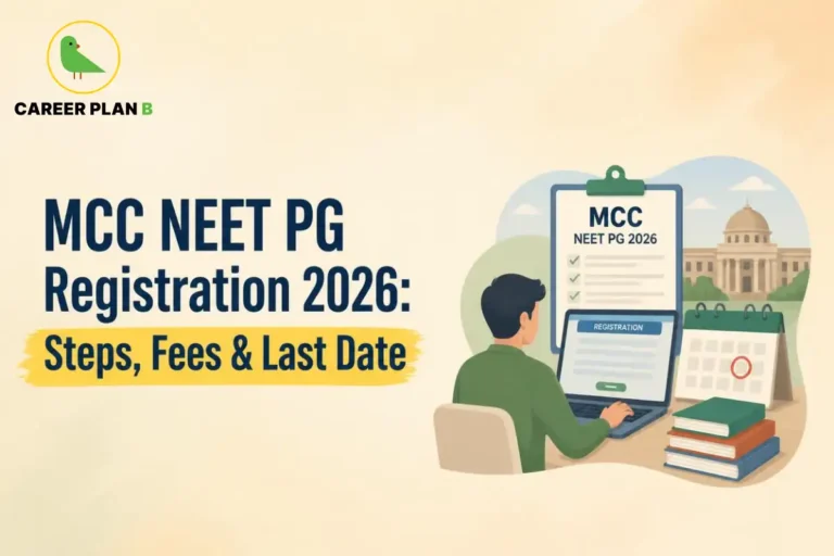 Educational infographic by Career Plan B titled "MCC NEET PG Registration 2026: Steps, Fees & Last Date". Top-left features the Career Plan B logo with a green bird inside a solid gold circular emblem with text below. Right side illustrates a student working on a laptop displaying a "REGISTRATION" screen next to an "MCC NEET PG 2026" clipboard checklist, a calendar with a circled date, a stack of books, and a government building in the background.