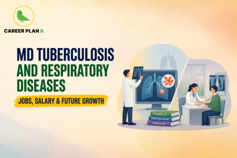 Educational infographic by Career Plan B titled "MD TUBERCULOSIS AND RESPIRATORY DISEASES: JOBS, SALARY & FUTURE GROWTH". Top-left features the Career Plan B logo with a green bird inside a solid gold circular emblem with text below. Right side illustrates a dual scene: a pulmonologist holding a chest X-ray in front of a digital monitor showing lung scan illustrations, stacked above books labeled "PULMONOLOGY", "RESPIRATORY MEDICINE", and "TUBERCULOSIS"; alongside a doctor using a stethoscope to examine a patient in a consultation room.