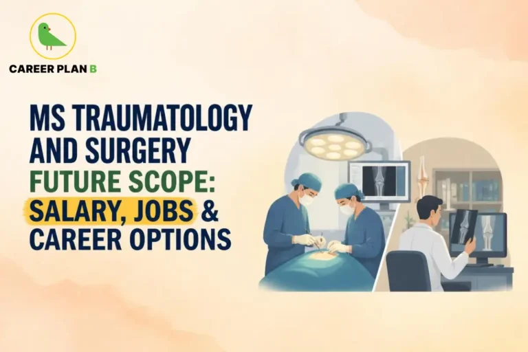 Educational infographic by Career Plan B titled "MS TRAUMATOLOGY AND SURGERY FUTURE SCOPE: SALARY, JOBS & CAREER OPTIONS". Top-left features the Career Plan B logo with a green bird inside a solid gold circular emblem with text below. Right side illustrates a dual trauma care setting: surgical doctors in blue scrubs operating under overhead lamps alongside a medical specialist reviewing bone fracture X-ray scans on a desktop monitor in an orthopedic clinic.