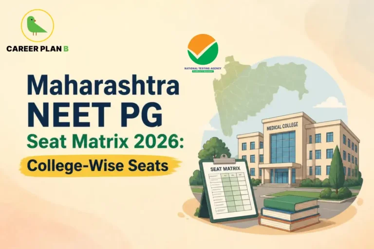 Educational infographic by Career Plan B titled "Maharashtra NEET PG Seat Matrix 2026: College-Wise Seats". Top-left features the Career Plan B logo with a green bird inside a solid gold circular emblem with text below. Top-center features the National Testing Agency logo. Right side illustrates a geographic map outline of Maharashtra state in the background, set behind a classical "MEDICAL COLLEGE" building, a stack of books, and a clipboard displaying a "SEAT MATRIX" data table grid.