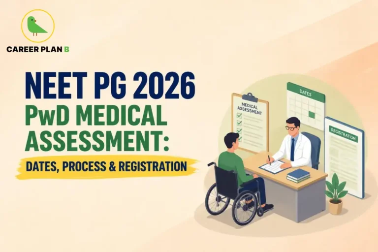 Banner text highlighting NEET PG 2026 PwD medical assessment dates, process, and registration, featuring a doctor consulting a candidate in a wheelchair with assessment and registration documents.