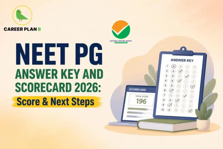 Banner text detailing NEET PG answer key and scorecard 2026 with score and next steps, featuring an NTA logo, an answer key clipboard, and a computer showing total scores.