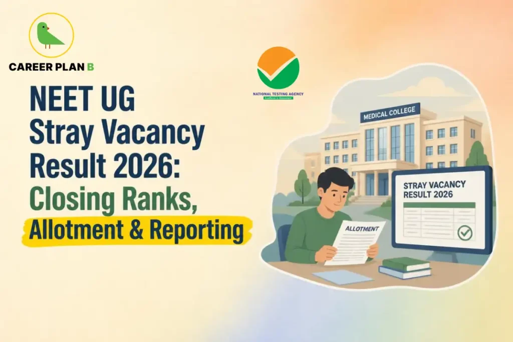 Educational infographic by Career Plan B titled "NEET UG Stray Vacancy Result 2026: Closing Ranks, Allotment & Reporting". Top-left features the Career Plan B logo with a green bird inside a solid gold circular emblem with text below. Top-center features the National Testing Agency logo. Right side illustrates a student seated at a desk holding an "ALLOTMENT" letter next to a computer monitor displaying "STRAY VACANCY RESULT 2026", set in front of a modern campus building labeled "MEDICAL COLLEGE".