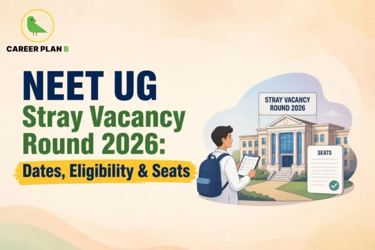 Banner text highlighting NEET UG stray vacancy round 2026 dates, eligibility, and seats, featuring a student with a clipboard looking at a stray vacancy round sign and seat details outside a university building.