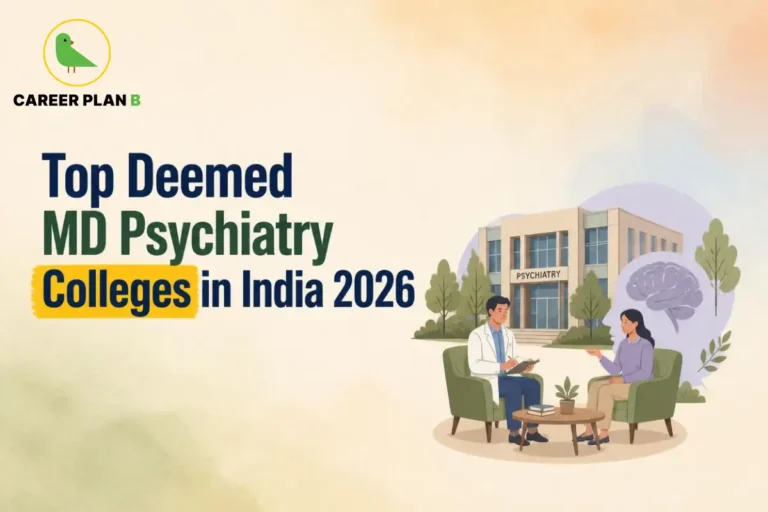 Educational infographic by Career Plan B titled "Top Deemed MD Psychiatry Colleges in India 2026". Top-left features the Career Plan B logo with a green bird inside a solid gold circular emblem with text below. Right side illustrates a psychiatrist in a white lab coat taking notes during a consultation with a patient seated in an armchair, with a brain icon graphic next to them and a hospital building labeled "PSYCHIATRY" in the background.