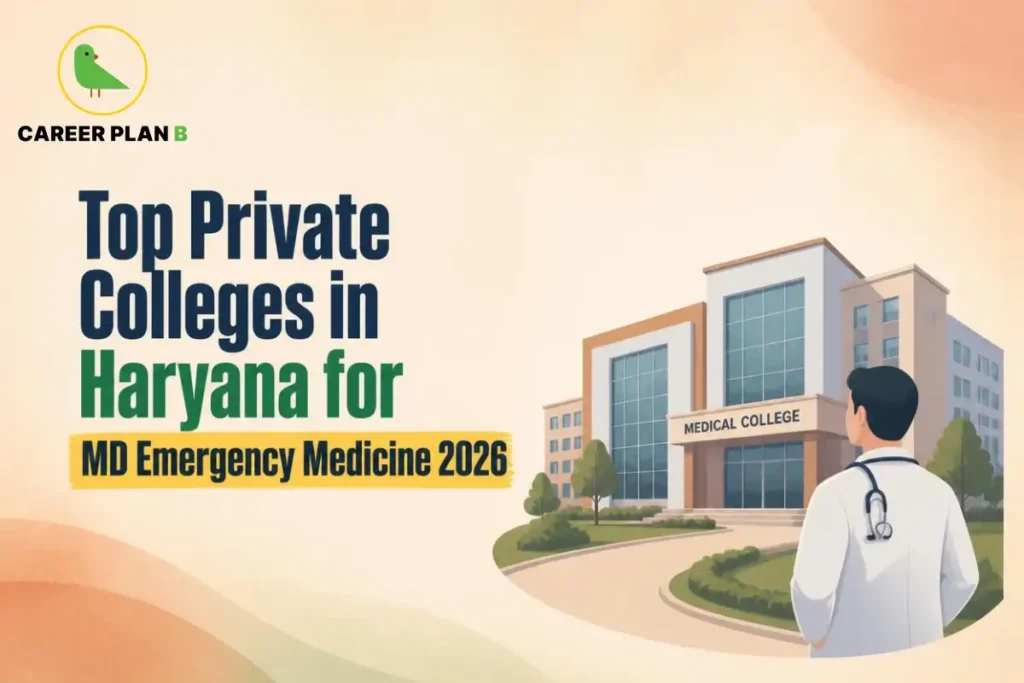 Educational infographic by Career Plan B titled "Top Private Colleges in Haryana for MD Emergency Medicine 2026". Top-left features the Career Plan B logo with a green bird inside a solid gold circular emblem with text below. Right side illustrates the back profile of a male doctor wearing a stethoscope and white coat, looking toward a modern campus building labeled "MEDICAL COLLEGE".