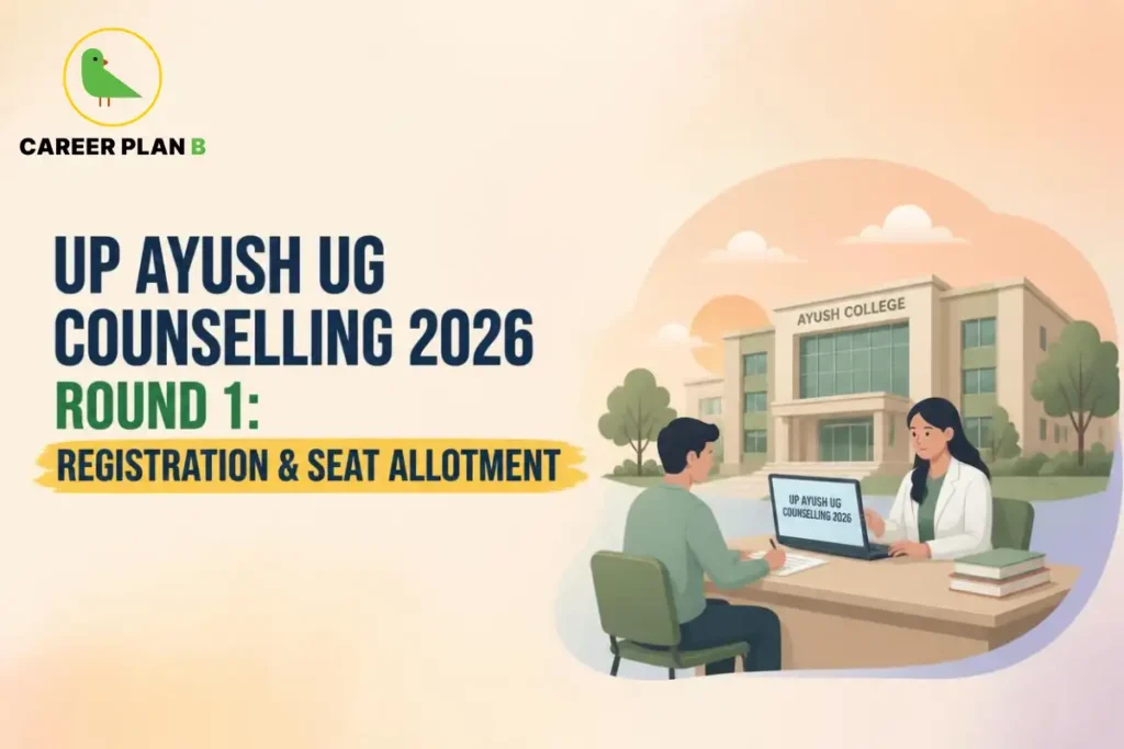 Banner text highlighting UP AYUSH UG Counselling 2026 Round 1 registration and seat allotment, featuring a student registering on a laptop with an AYUSH college building in the background.